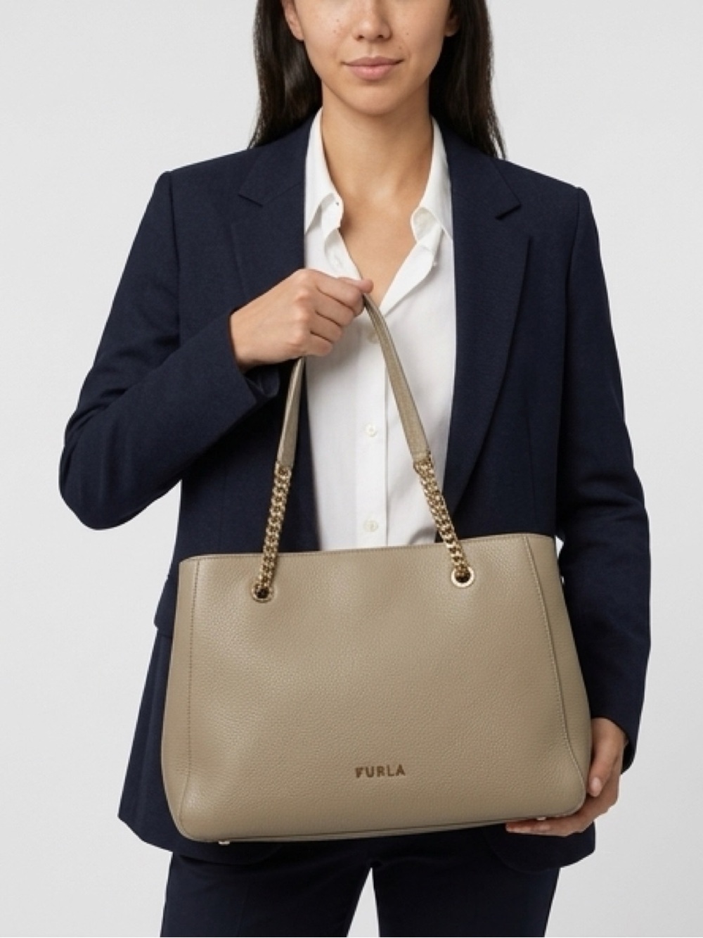 Furla Pebbled Leather Tote in Taupe with Gold Chain Handles